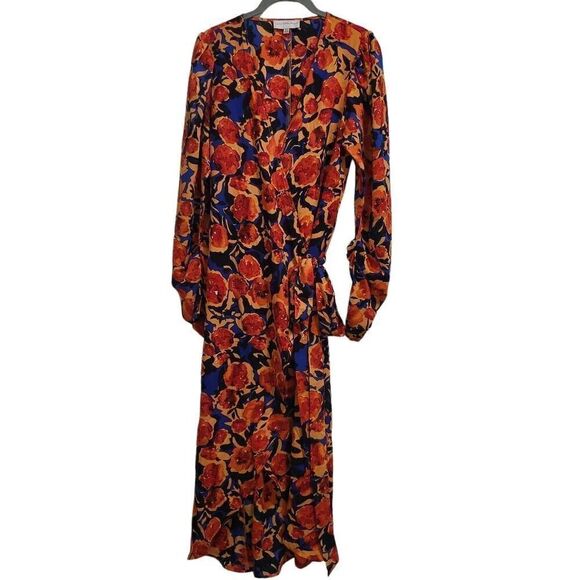 Never Fully Dressed Navy & Orange Floral Wrap Dress Size 8 Dressy Multi-Tie - Picture 2 of 10